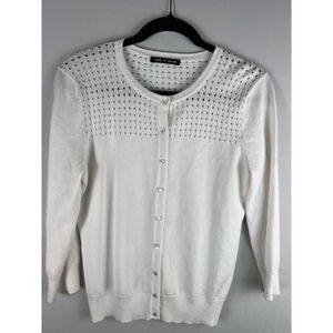 Cable & Gauge Ivory Button Front Cardigan Pointelle Knit Sweater Soft Cottage